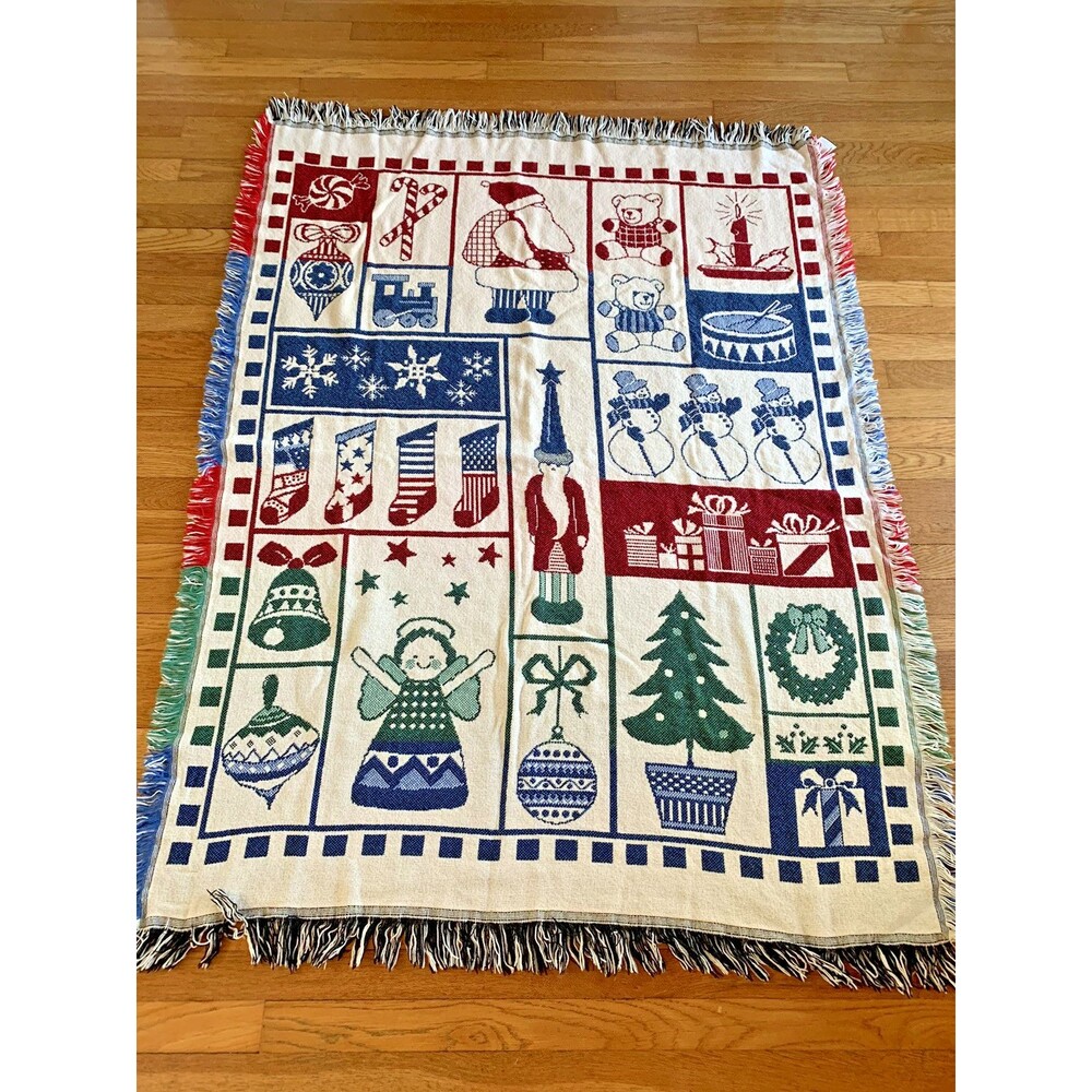 Christmas Throw Blanket W Fringe Double-side Tapestry Woven Santa 48 x 60" VTG